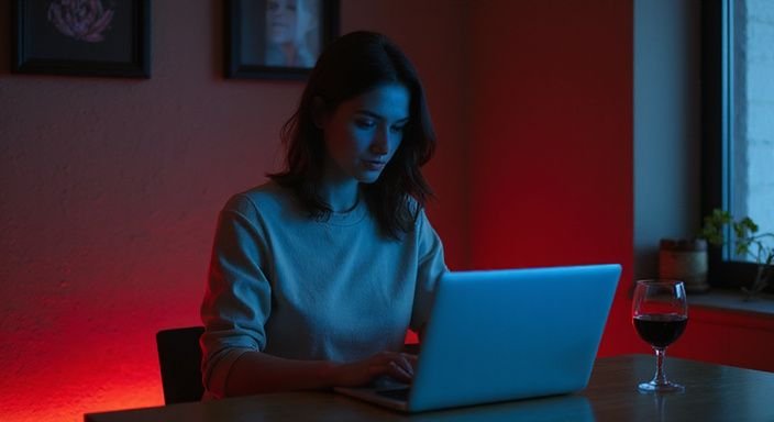 Een vrouw in een rustige kamer scrollt op haar laptop.