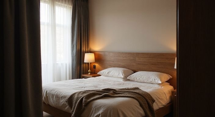 Een gezellige studio met een uitnodigende bed en warme, aardetinten.