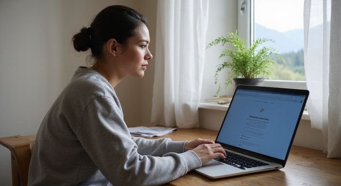 Een persoon concentreert zich op een laptop in een gezellige slaapkamer en is op zoek naar sexcontact in Zwitserland.