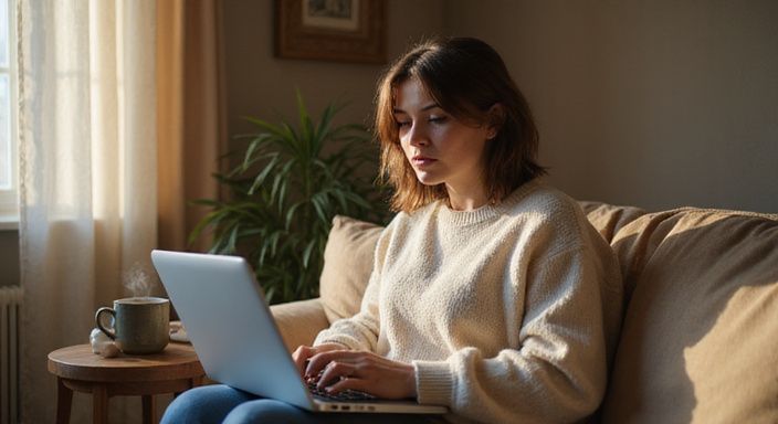 Een vrouw in een sweater scrollt door datingprofielen op haar laptop.