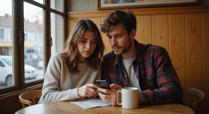 Een man en vrouw delen een intiem moment in een café