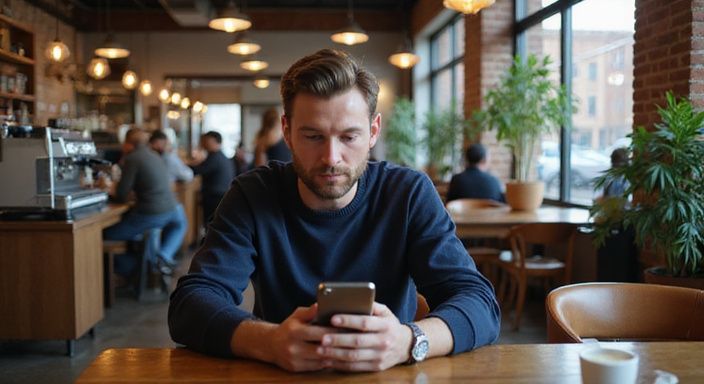 Een man in een café zoekt gefocust op zijn smartphone naar sexcontacten in Vlaanderen.