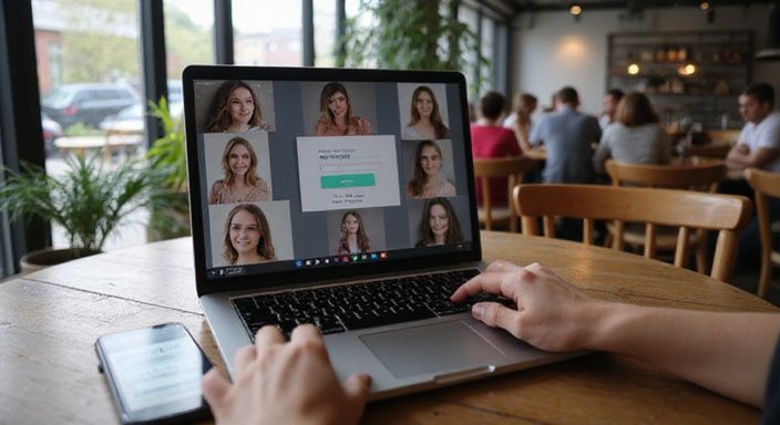 Een laptop toont een online datingplatform met profielen en authenticatie-app.