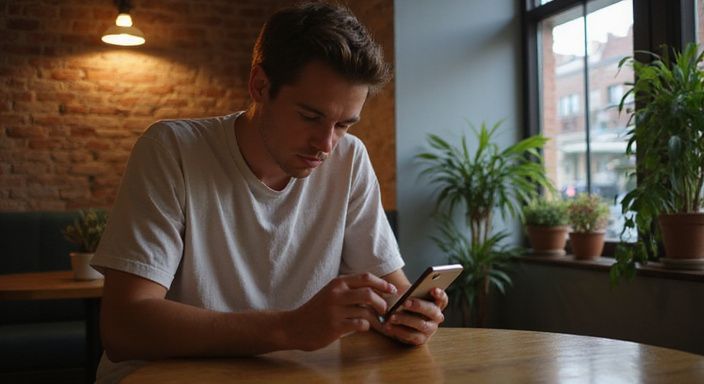 Een jonge volwassene scrollt op een smartphone in een café.