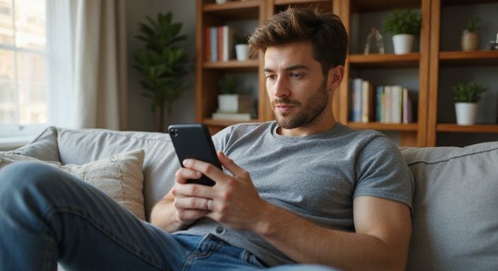 Iemand zit ontspannen op een bank en kijkt naar een datingapp.