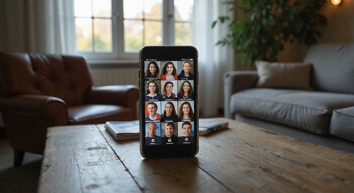 Een smartphone toont diverse gebruikersprofielen voor sexcontacten in Vlaanderen in een gezellige woonkamer.