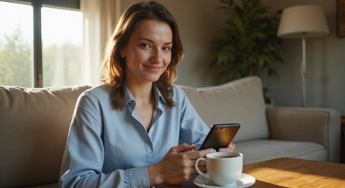 Een vrouw in een blauwe blouse geniet van haar smartphone en zoekt sexcontacten in Vlaanderen.