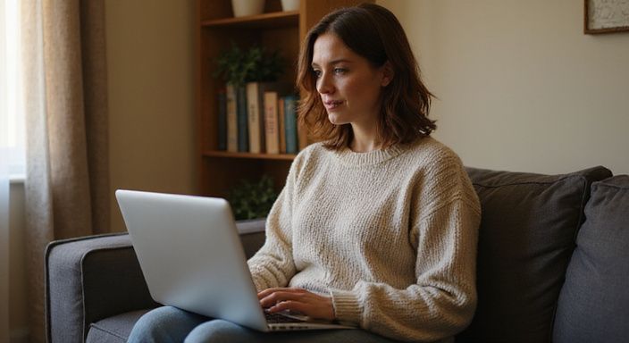 Een vrouw in een beige sweater zoekt geconcentreerd op haar laptop naar sexcontacten in Vlaanderen.