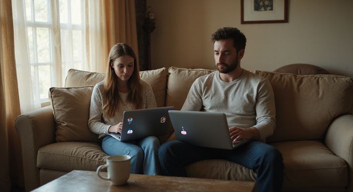 Een man en vrouw werken samen aan laptops in hun woonkamer.
