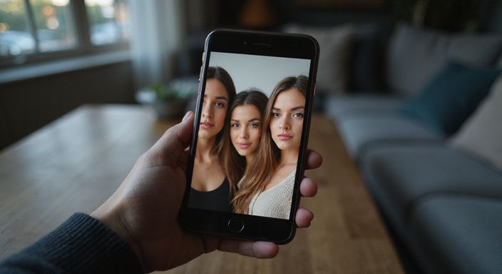 Een smartphone toont een datingapp met verschillende vrouwenprofielen.