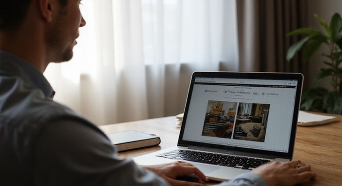 Een persoon onderzoekt een website voor luxe escortdiensten op een laptop.