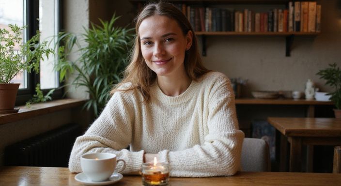 Een vrouw in een gezellig café met een warme glimlach.