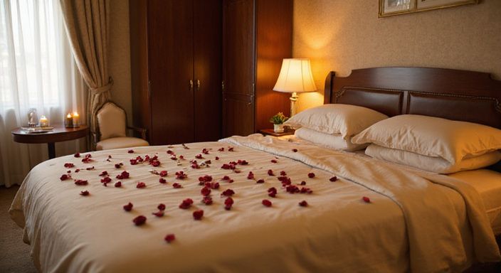 Een intieme hotelkamer met een groot bed en rozenblaadjes.