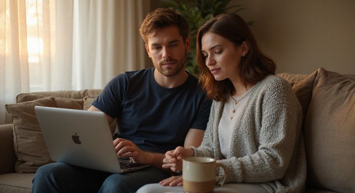 Een man en vrouw overleggen over Poolse vrouwen sexcontactontspannen op een bank.