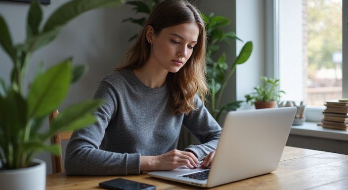 Een jonge vrouw zoekt gefocust op haar laptop naar Poolse vrouwen sexcontact.