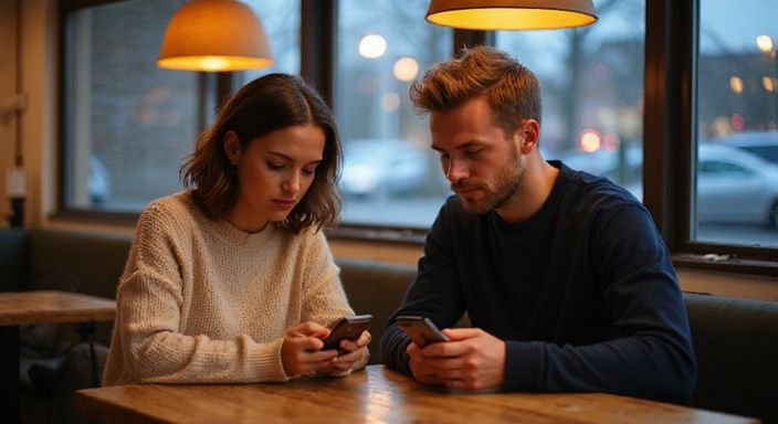 Een man en een vrouw kijken geconcentreerd naar hun smartphones. Een man en een vrouw kijken geconcentreerd naar hun smartphones.