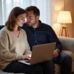 Een man en vrouw zitten samen op een bank met een laptop