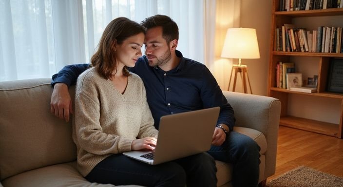 Een man en vrouw zitten samen op een bank met een laptop. Een man en vrouw zitten samen op een bank met een laptop en willen sexcontact in Almere.