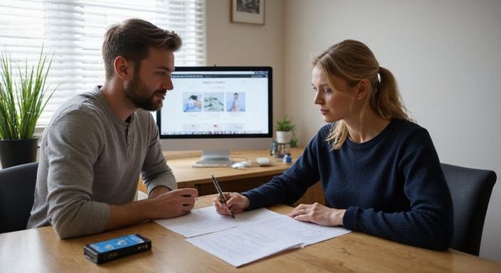 Een koppeltje bespreekt belangrijke documenten in hun thuiskantoor. Een koppeltje bespreken belangrijke documenten over sexcontact Almere in hun thuiskantoor.