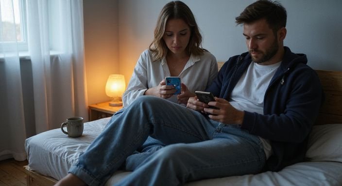 Een man en vrouw scrollen samen op hun telefoons in bed. Een man en vrouw scrollen samen op hun telefoons in bed op zoek naar sexcontact in Almere.