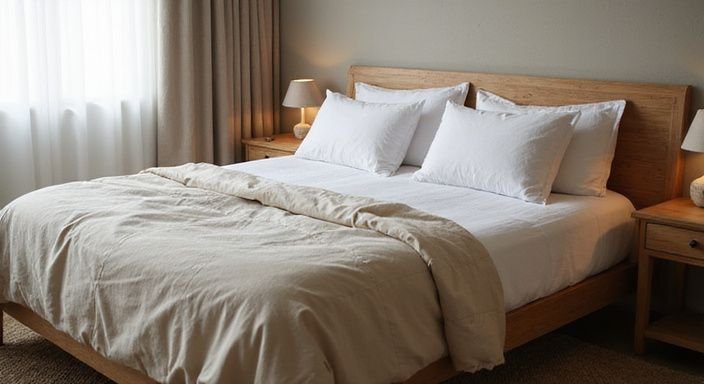 Rustige slaapkamer met een bed, nachtkastje en aardse kleuren. Rustige slaapkamer met een bed, nachtkastje en aardse kleuren.