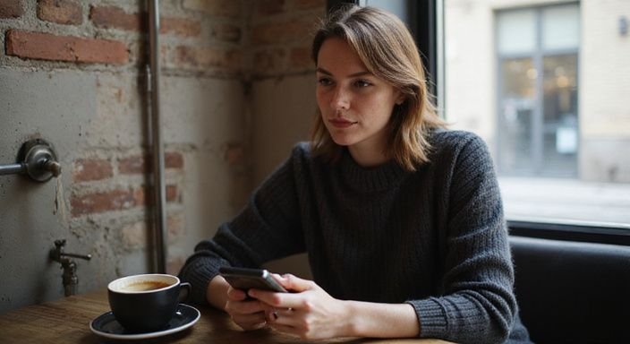 Een vrouw in een café typend op haar smartphone. Een vrouw in een café typend op haar smartphone wil sexcontact in Almere.