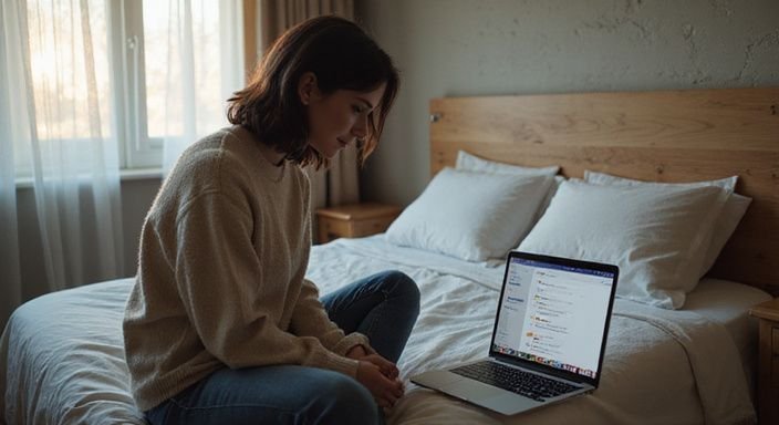 Een vrouw in een slaapkamer kijkt aandachtig naar haar laptop. Een vrouw in een slaapkamer kijkt aandachtig naar haar laptop.