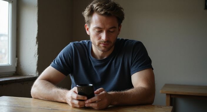 Een man in een t-shirt kijkt geconcentreerd naar zijn smartphone. Een man in een t-shirt zoekt op zijn smartphone naar sexcontact in Almere.