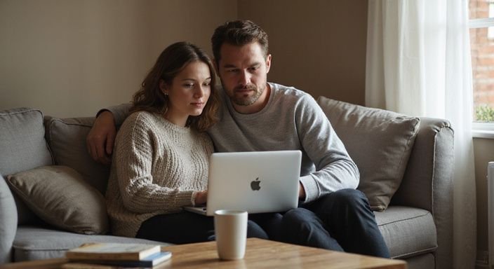 Een stel zit samen op een bank en kijkt naar een laptop. Een stel zit samen op een bank en kijkt naar een laptop.