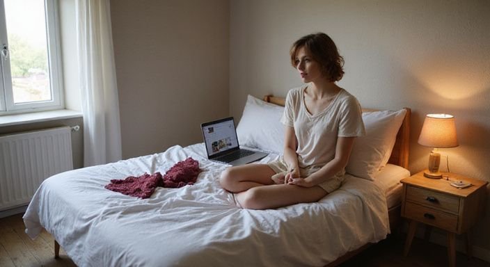 Een persoon op bed kijkt aandachtig naar een laptop. Een persoon op bed kijkt aandachtig naar een laptop en wil sexcontact in Almere.