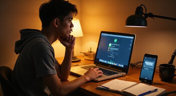 Een jonge persoon werkt geconcentreerd aan een laptop in een thuiskantoor.