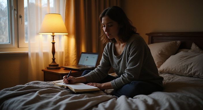 Een jonge vrouw schrijft geconcentreerd in haar open journal op bed.