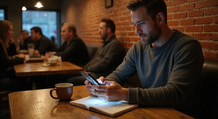 Een man in een koffiebar, verdiept in zijn smartphone op zoek naar anoniem sekscontact.
