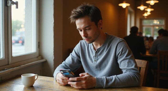 Een jonge volwassene kijkt geconcentreerd naar hun smartphone in een café en zoekt anoniem sekscontact.
