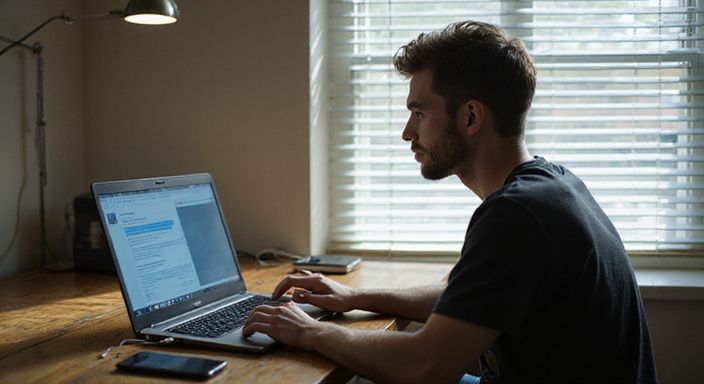 Een man in focus, zittend achter een verouderd bureau.