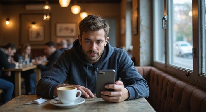 Een man in een café kijkt nieuwsgierig naar zijn smartphone en wil anoniem sekscontact.