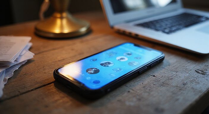 Smartphone met dating-app op verweerd eiken bureau, zonder mensen.