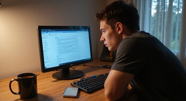 Een jonge volwassene zit gespannen aan een houten bureau met een laptop.