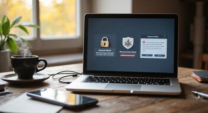 Een laptop toont dating-apps met beveiligingsverificatie in een thuiskantoor.