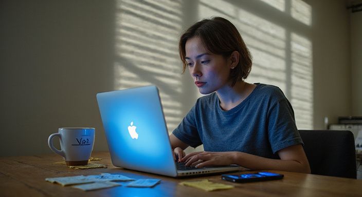 Een vrouw werkt geconcentreerd aan cyberbeveiliging in haar thuiskantoor.
