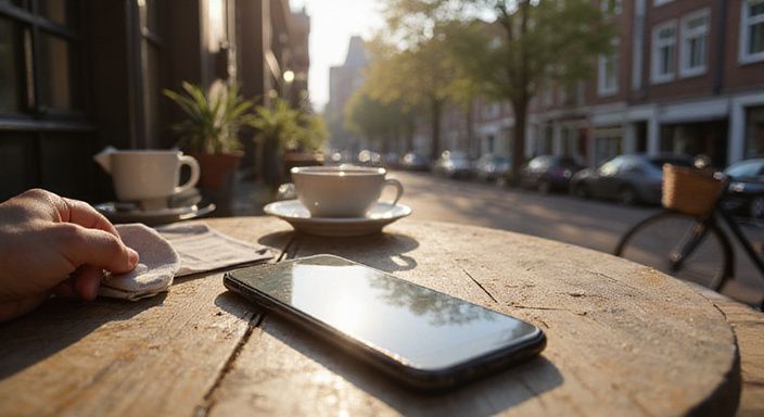 Een smartphone met de MijnGeheimeSexdate.nl website op een houten café tafel.