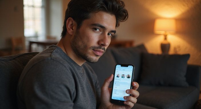 Een jongvolwassene ontspant op de bank met een smartphone.