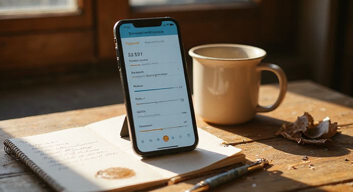 Een smartphone met een datingapp-interface op een verouderde bureau.