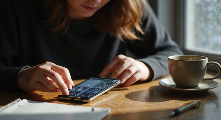 Een persoon kijkt aandachtig naar een datingapp op hun smartphone.
