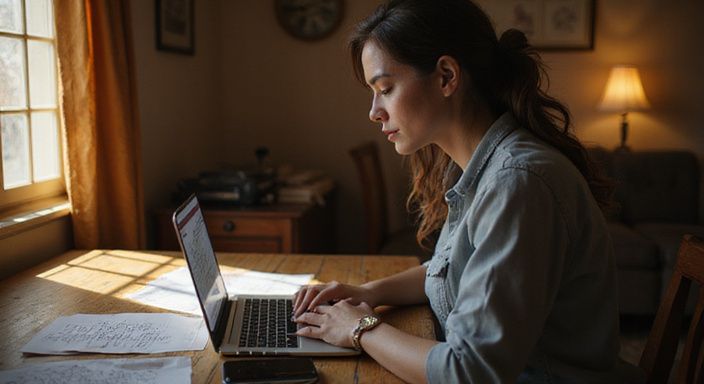 Een vrouw werkt geconcentreerd aan haar datingprofiel op MijnGeheimeSexdate.nl op haar laptop.