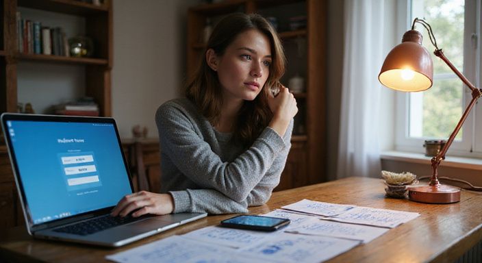 Een vrouw in een comfortabele omgeving, geconcentreerd op haar laptop.