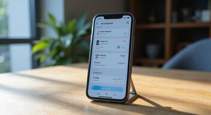 Een smartphone toont een dating-app in een huiselijke kantooromgeving.