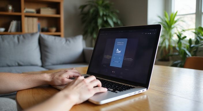 Een persoon gebruikt een dating-app op een laptop aan tafel.