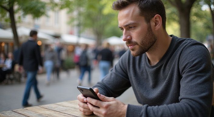 Een man in een grijs trui zit met een smartphone en wil ondeugend daten.
