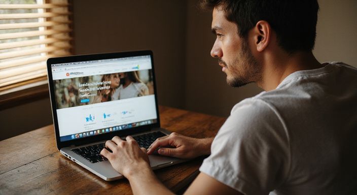 Een persoon zit aandachtig achter een laptop aan een houten bureau en wil ondeugend daten.